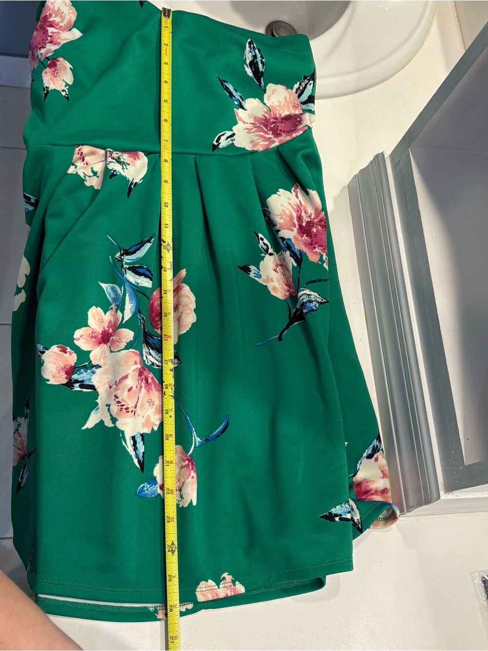 Monteau Y2K Green Floral A-Line Mini Dress Women's Size Large V-Neck Pleated. - Picture 7 of 7